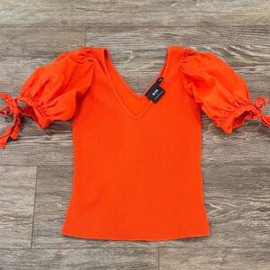 Maeve by Anthropologie Puff Sleeved Ribbed V-neck Top Women's Size Small Orange